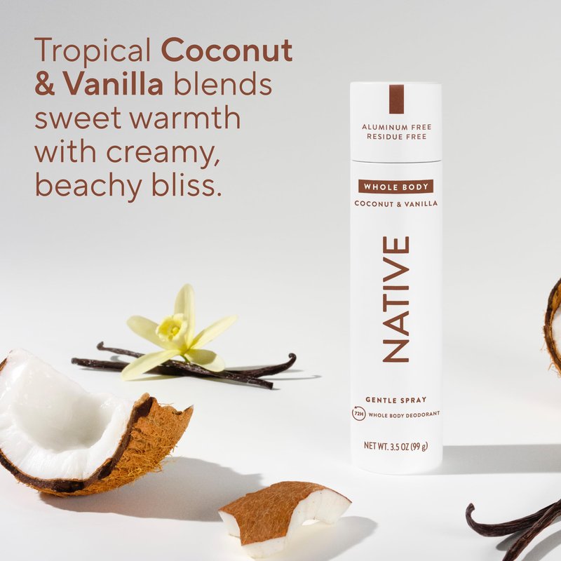 Native Whole Body Deodorant Spray, Coconut & Vanilla Scent, 72 Hour Odor Control for Pits, Privates & More, Aluminum Free, Quick-Drying Deodorant for Men & Women, 3.5 oz