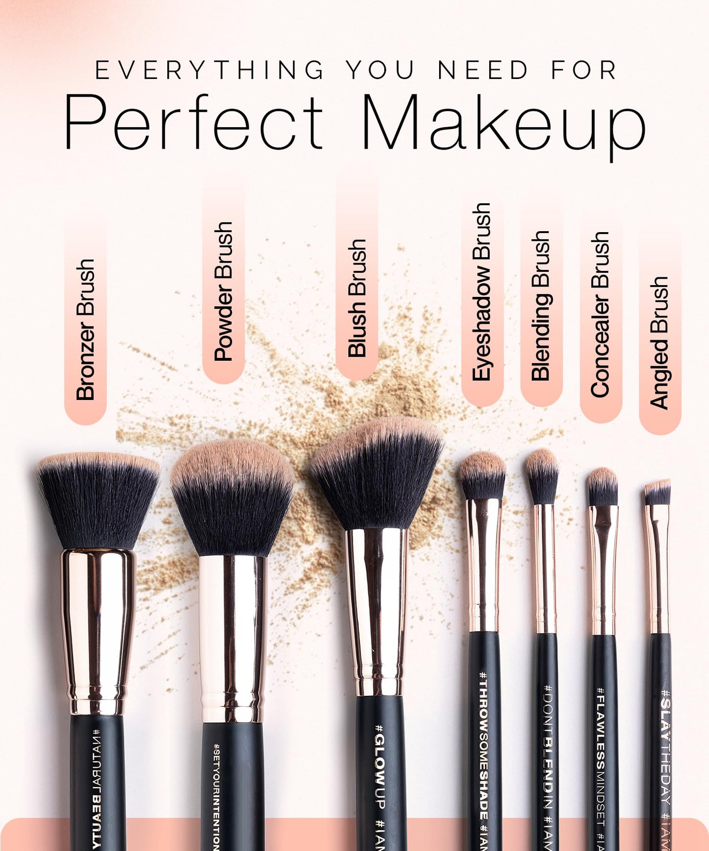 7-Pieces Makeup Brush Set with Faux Leather Travel Case (Rose Gold) - Synthetic Makeup Brush Kit with Daily Affirmations by Kandi Burruss - Cruelty-Free, Beauty & Makeup