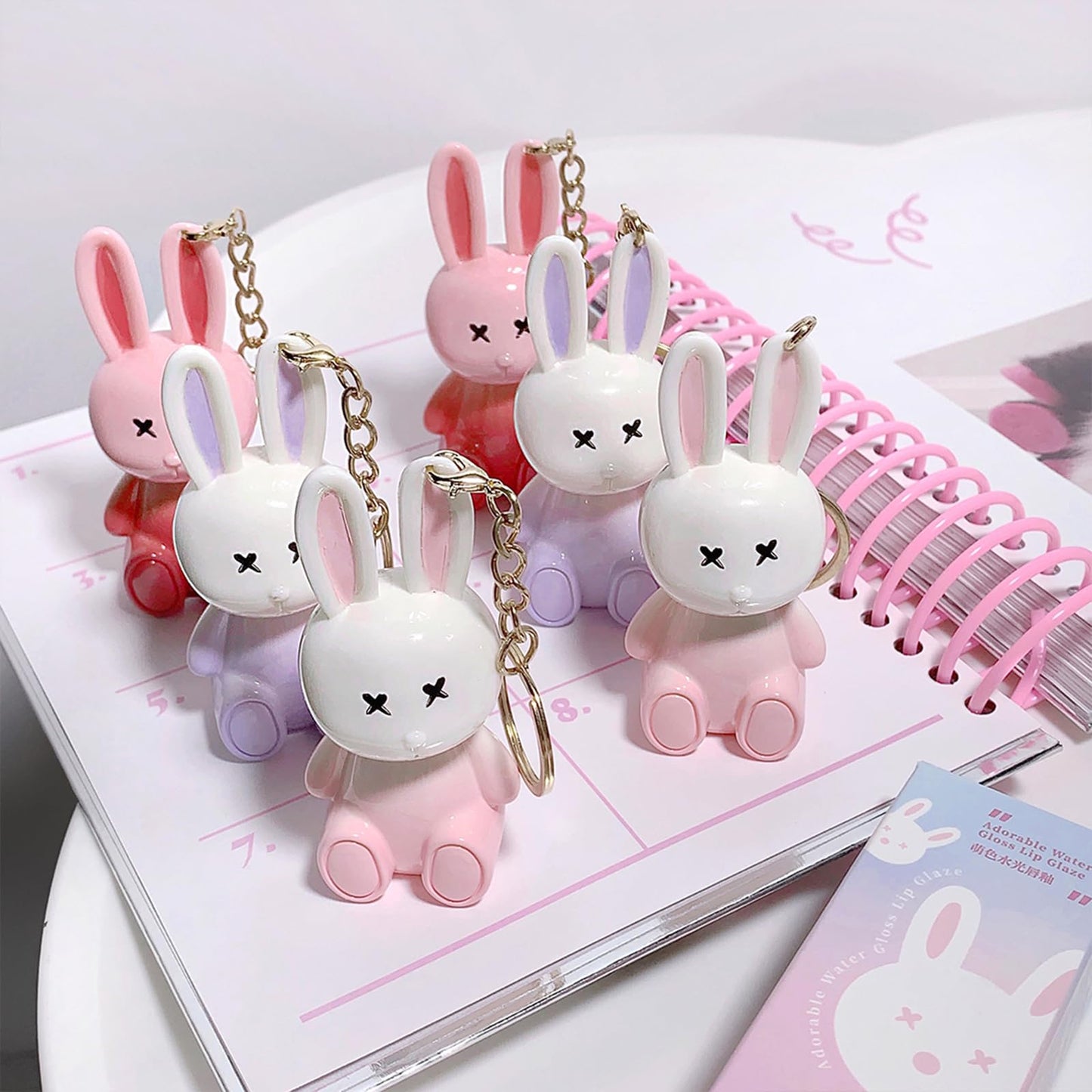Bekoeen 3Psc Rabbit Key chain Jelly Lip Glaze,Moisturising Crystal Keychain 2 in 1Lip Glow Gel,Sparkling Lipgloss Liquid Lipstick Set, Hydrating Sweet Lip Gloss Set