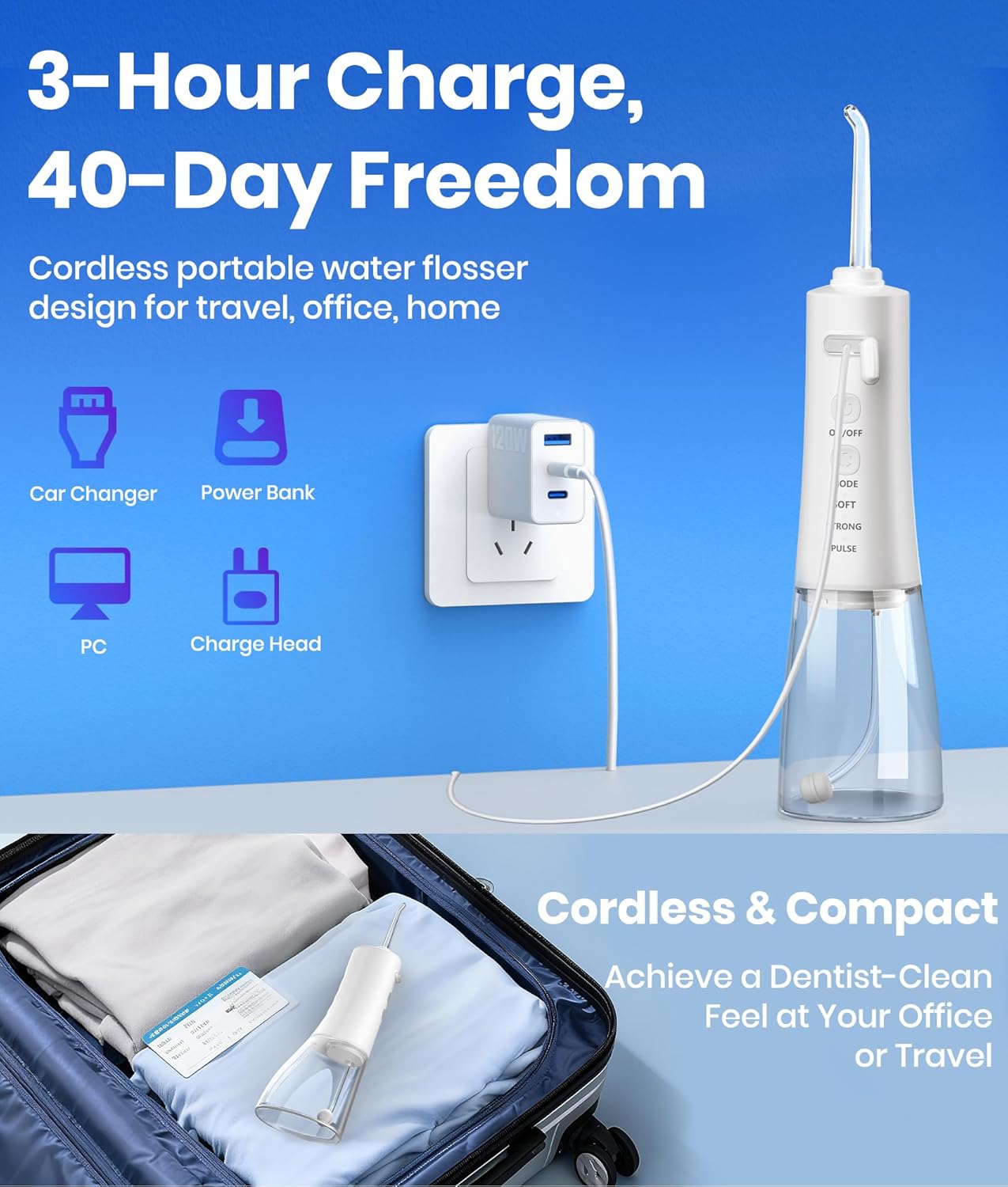 Portable Water Flosser - 300ML Cordless Electric Dental Irrigator for Deep Cleaning | IPX7 Waterproof, Ideal for Travel & Braces (White)