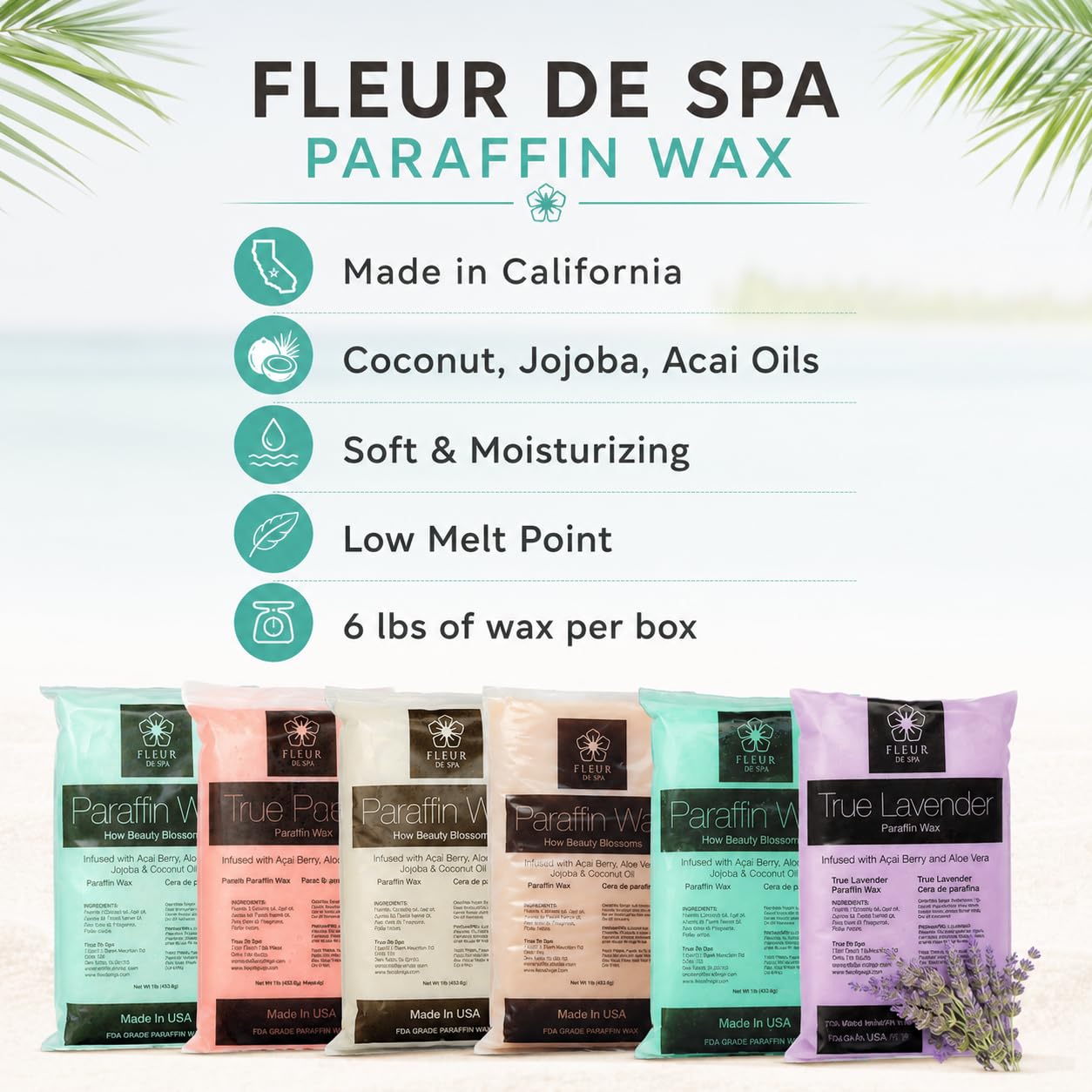 Paraffin Wax refill by Fleur De Spa - Infused with Acai, Coconut oil, Jojoba and Aloe USA Made (Rosemary, Mint & Eucalyptus, 6 pound box)