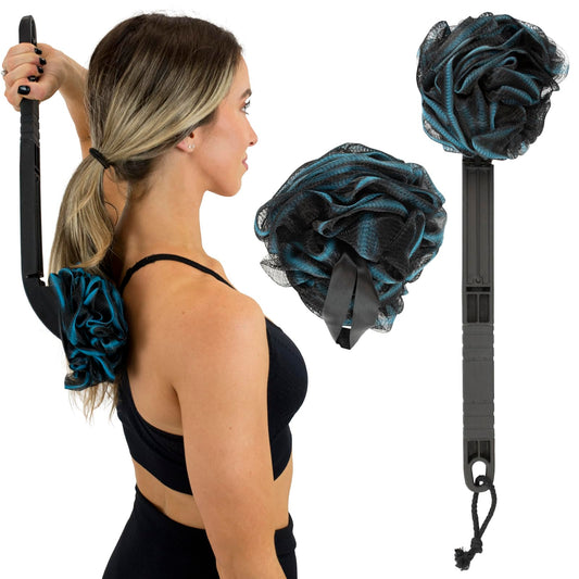 Vive Long Handled Loofah on a Stick - Mesh Back Sponge for Bath, Reusable w/Extra Pouf - Exfoliating Scrubber for Elderly & Disabled, Soft Loofa for Bathing Men & Women