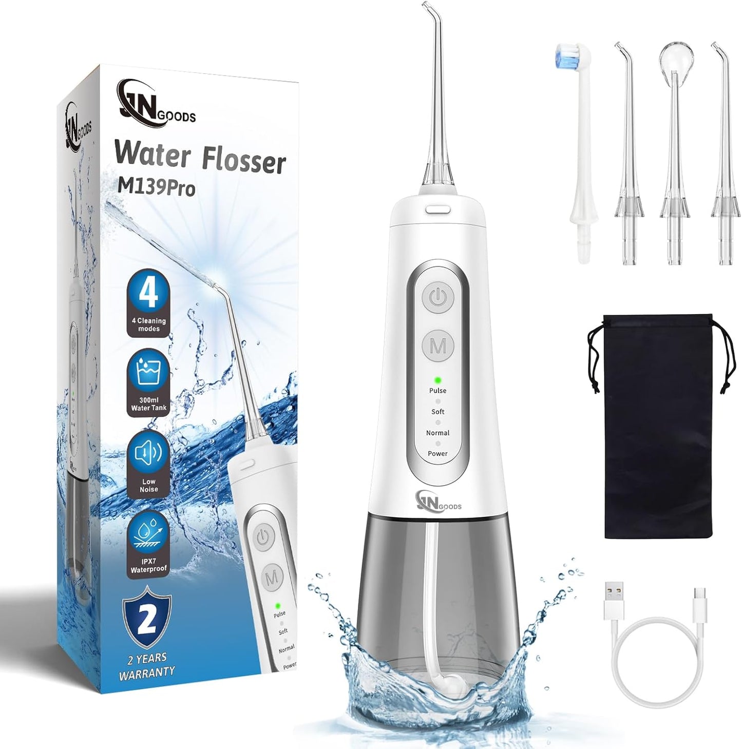 Cordless Water Dental Flosser - Rechargeable Oral Irrigator with 4 Modes & 300ml Reservoir | IPX7 Waterproof, Portable (White)