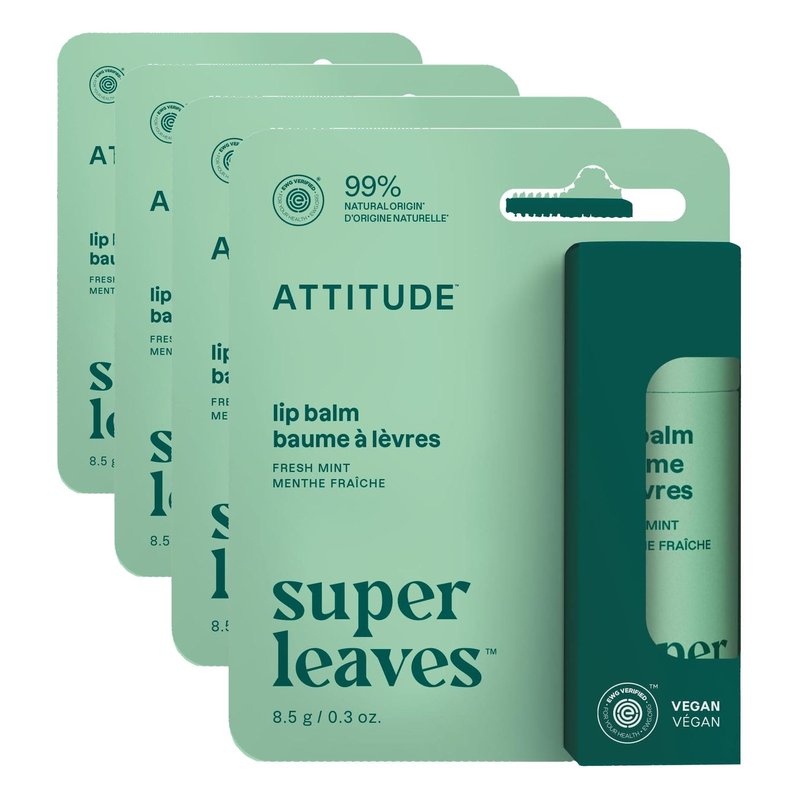 ATTITUDE Plastic-free Lip Balm, EWG Verified Plant- and Mineral-Based Ingredients, Vegan and Cruelty-free Personal Care Products, Mint, 0.3 Oz (Pack of 4)