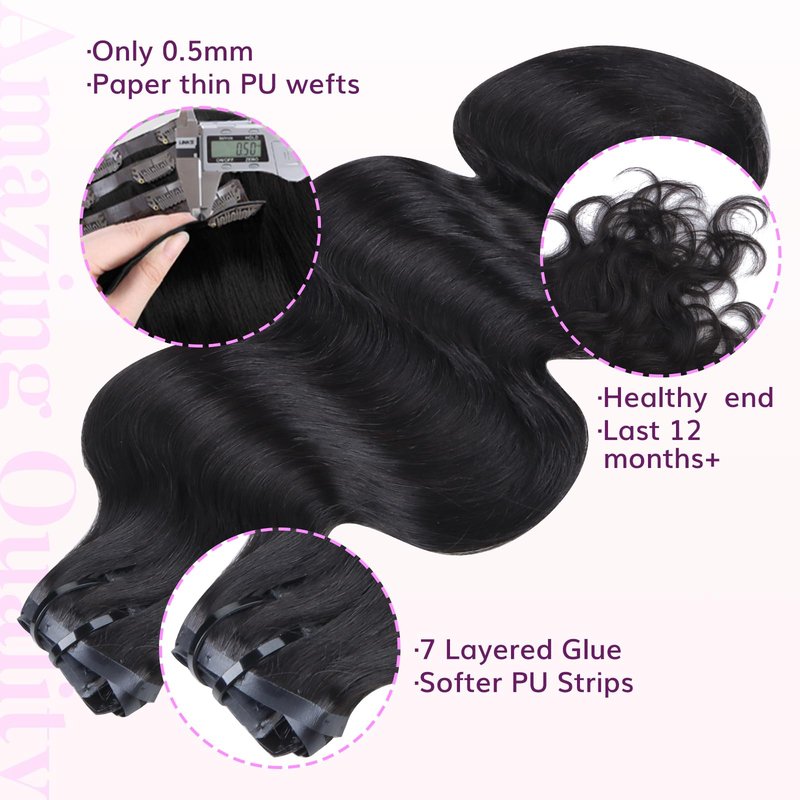 IDN BEAUTY Seamless Clip in Hair Extensions Real Human Hair for Women,Body Wave Natural Black Remy Hair 14 Inch 7pcs 110g,Thick Invisible Edge Weft for Daily Wear
