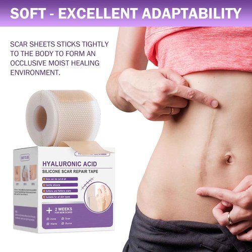 Silicone Scar Sheets, Hyaluronic Acid Nano Repair Tape, 2 Roll Silicone Scar Tape 1.6”x 60” Roll/1.5m, Silicone Scar Sheets for Surgical Scars,Scar Away Silicone Scar Sheets