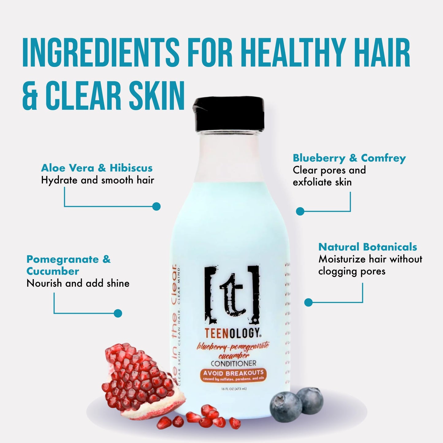 Teenology Teen Conditioner – Avoid Acne, Non-Comedogenic, For Dry & Oily Scalps, Sulfate & Paraben Free, Natural Extracts, for Clear Skin & Healthy Hair, 16 oz – (Blueberry Pomegranate Cucumber)