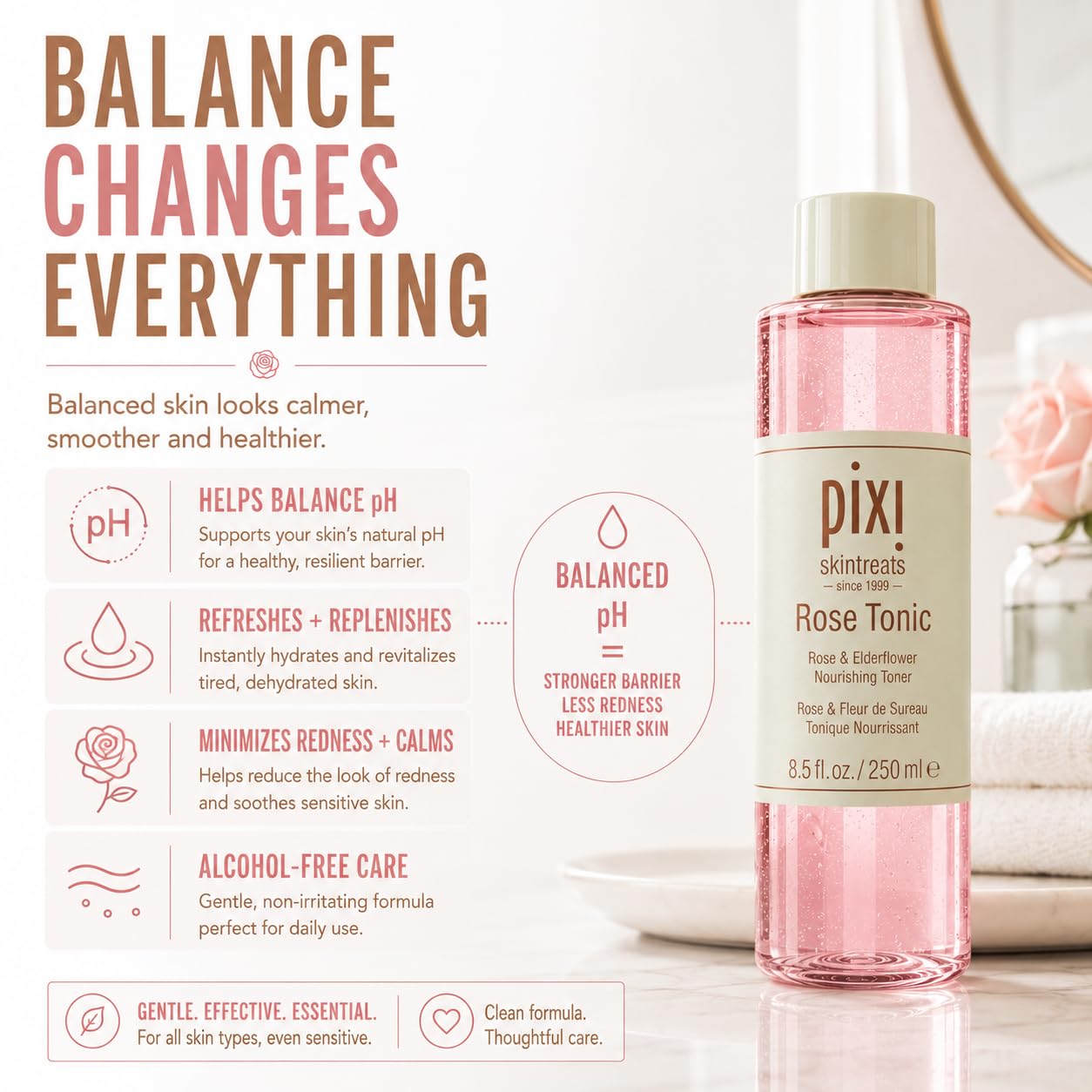 Pixi Rose Tonic Rose Hydrosol Toner Hydrates Skin, Minimize Redness, Rehydrates and Replenishes, 8.5 fl oz/250ml