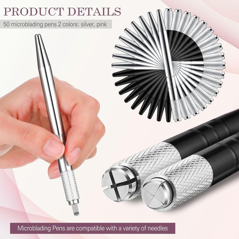 Microblading Pen Set - 50 Pcs Manual Eyebrow Pens with Aluminum Tool Holders | Silver & Black