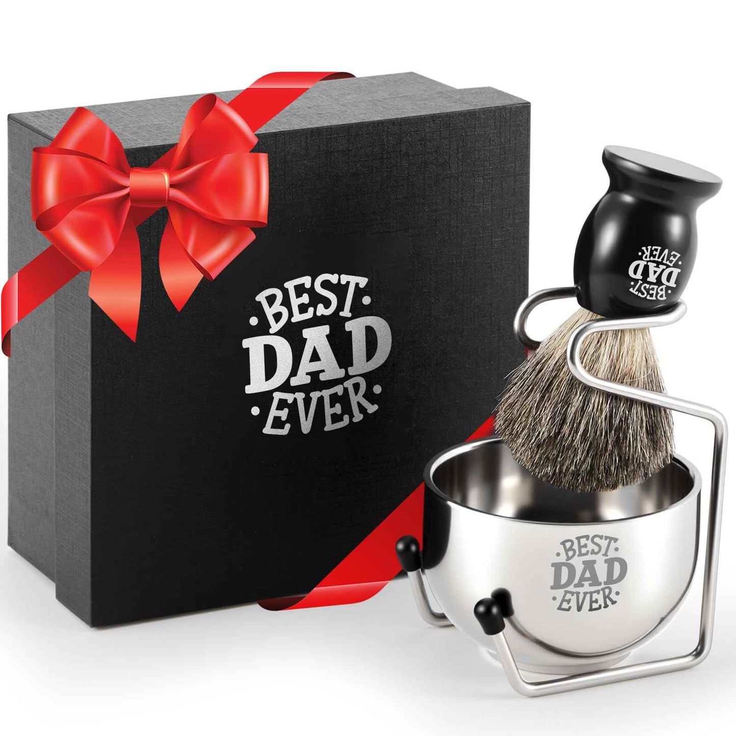 Reallnaive Best Dad Ever Gifts, Shaving Brush Kit for Father, 3 in 1 Shaving Set for Men's Birthday Gift from Daughter Son, Includes Badger Hair Shave Brush, Bowl and Stainless Steel Stand