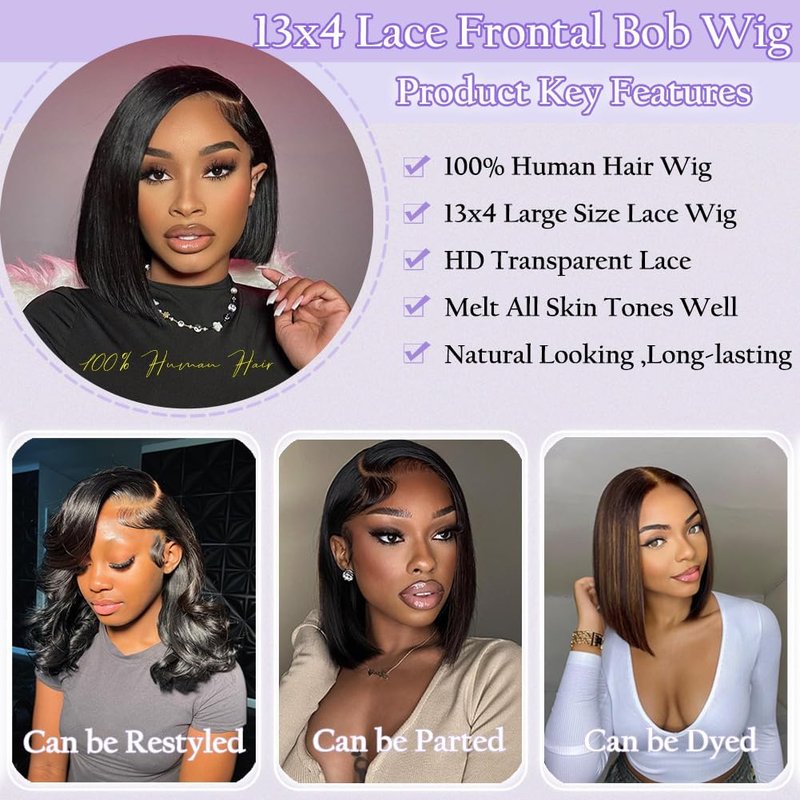 TONGMAY Lace Front Bob Wigs Human Hair 13x4 HD Lace Glueless Bob Wig Human Hair Short Straight Frontal Wigs for Women Pre Plucked with Baby Hair 180% Density Natural Black 14 Inch