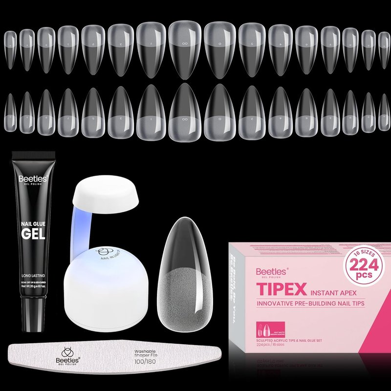 Beetles Tipex Gel Nail Kit, Medium Almond Nail Tips 224 Pcs 16 Sizes Pre-Building Pre-Etched False Nail Tips with Tipex Nail Glue, Mini Nail Lamp Thick Acrylic Nail Set