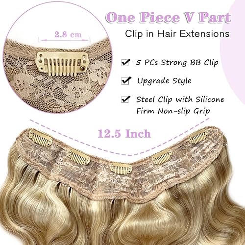 Invisible Hair Extensions Clip In Real Human Hair Balayage Chestnut Blonde to Platinum Blonde Highlight Hair Extension 16Inch 80G One Piece Clip in Remy Hair Body wave Double Weft V Shape Clip on Hair