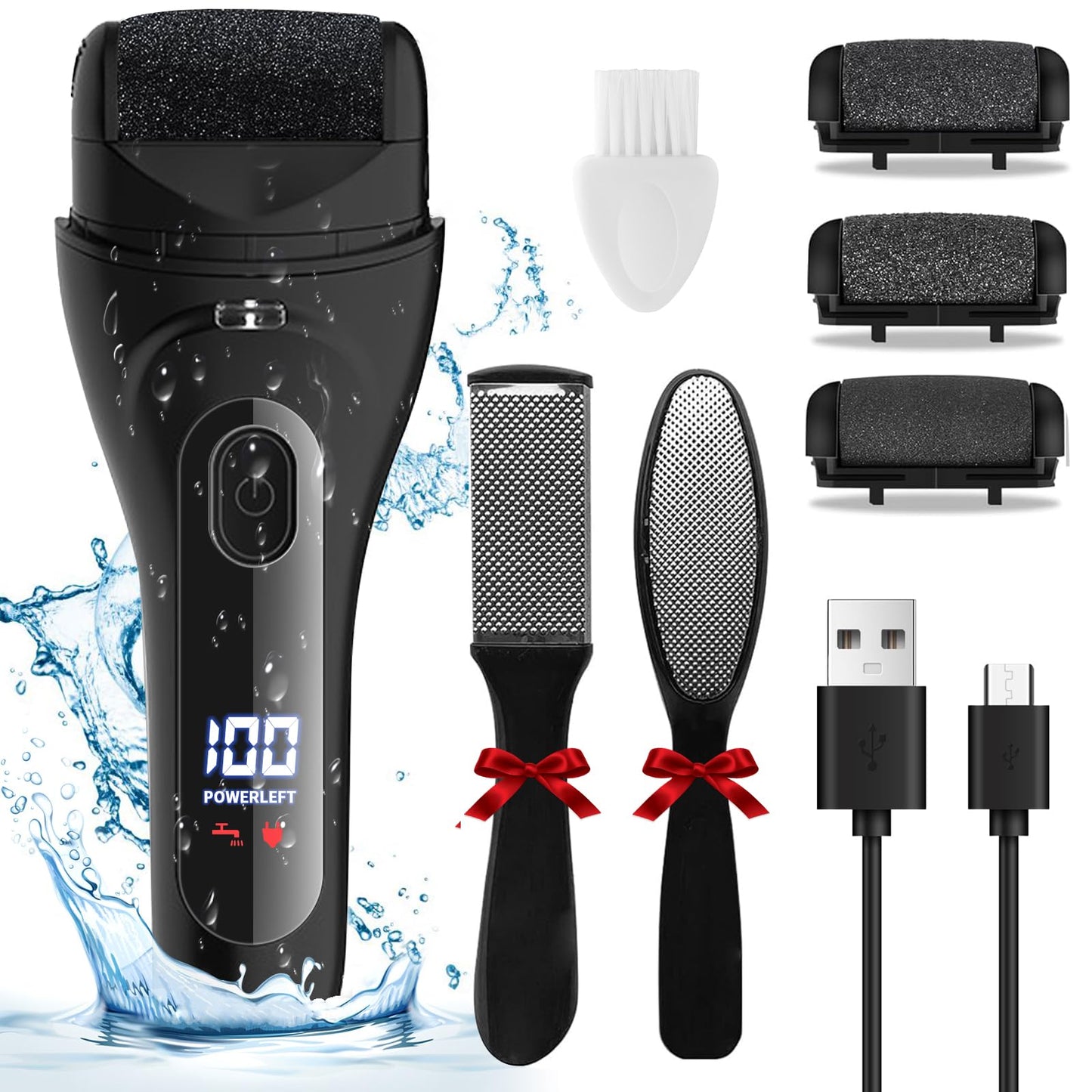 Sokadanch Electric Foot File Pedicure Feet Hard Skin Remover Foot Scraper Dry Dead Skin Remover Callus Exfoliator Rechargeable Feet Scrubber with 3 Replacement Rollers Foot Care Skin Removers, Black