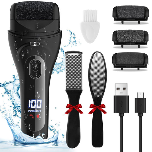 Sokadanch Electric Foot File Pedicure Feet Hard Skin Remover Foot Scraper Dry Dead Skin Remover Callus Exfoliator Rechargeable Feet Scrubber with 3 Replacement Rollers Foot Care Skin Removers, Black