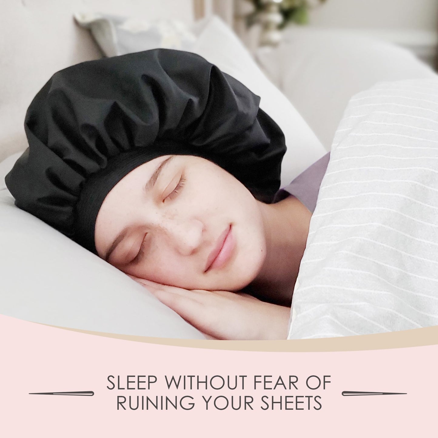 Only Reusable Oil Proof Nightcap, Protective Hair Bonnet and Shower Cap Too. Leakproof, Oilproof, and Waterproof. Larger Area to Accommodate Long Hair, Comfort Elastic Band (Small to Medium), Black