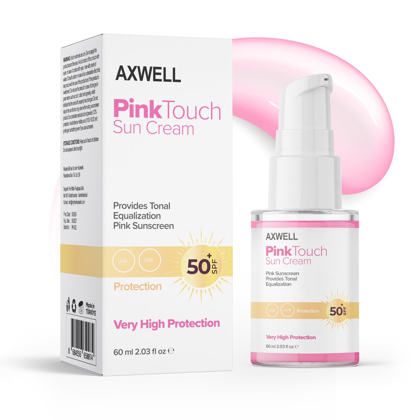 AXWELL Pink Touch Tone Evening Pink Sunscreen, SPF 50+ Daily Sunscreen, Water Resistant, UVA/UVB Very High Protection(60 ml, 2.03 fl.oz)