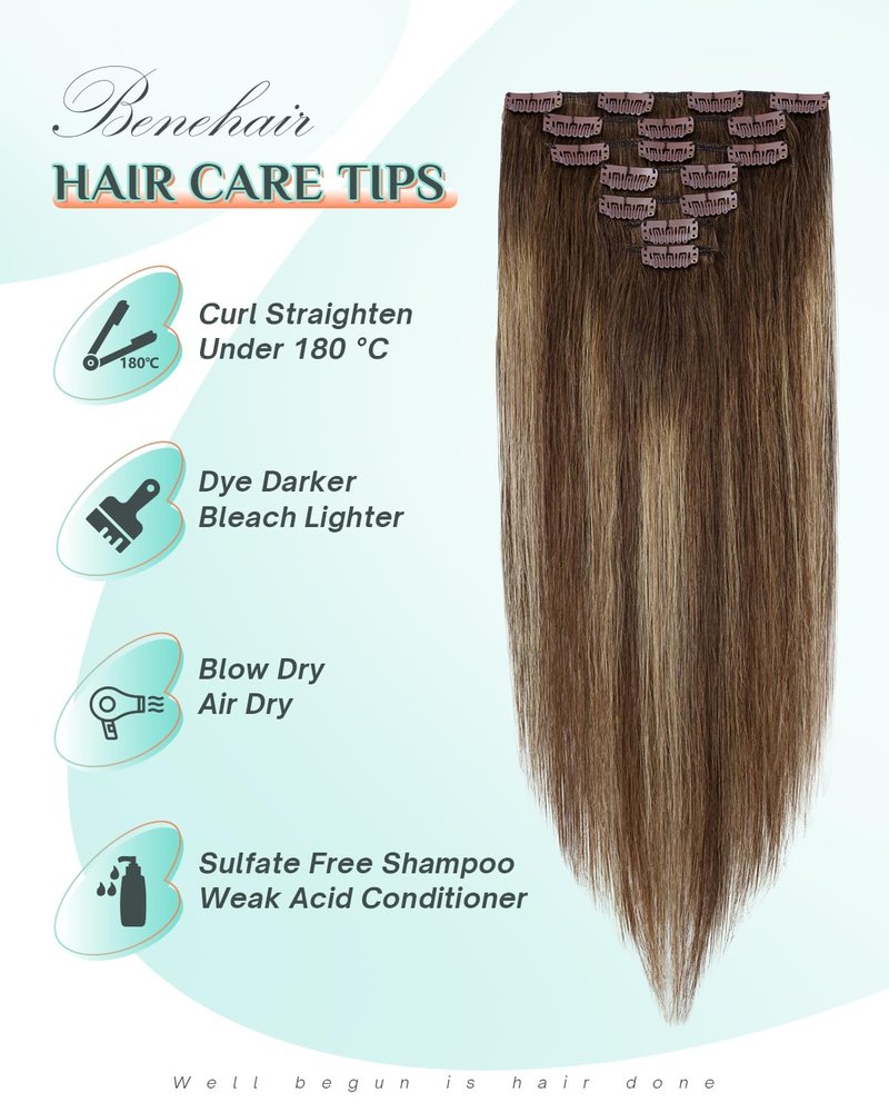 Benehair Clip in Hair Extensions Real Human Hair 14inch Double Weft Dark Brown Mixed Light Brown Hair Extensions Clip in Human Hair Straight Hair Extensions Clip ins 7pcs with 16 Clips #H09