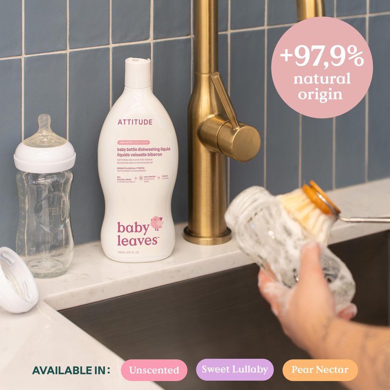 ATTITUDE Baby Bottle & Dish Soap, EWG Verified Bottle Cleaner, Fragrance Free & Dye Free, Removes Milk Residue & Grease, Vegan, Unscented, 23.7 Fl Oz