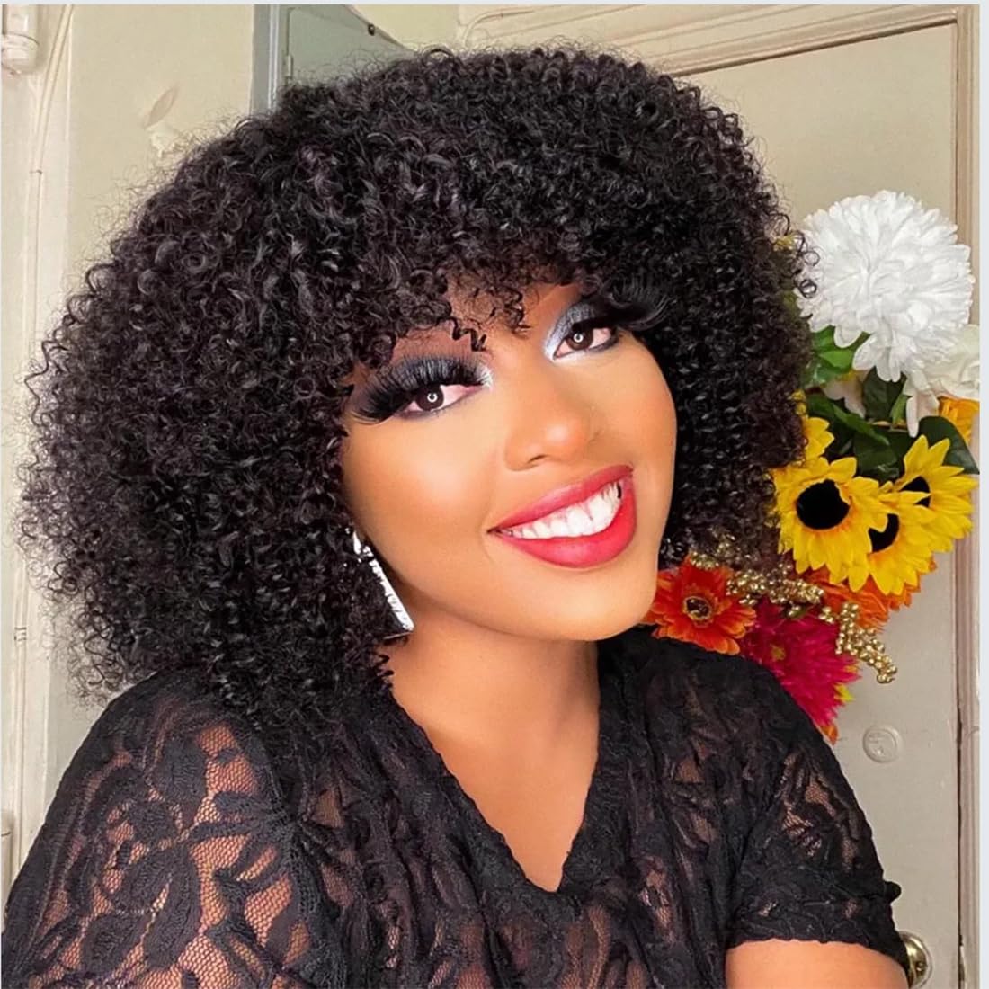 Afro Kinky Curly Wig Human Hair with Bangs Jerry Curly Human Hair Wig Burmese Curly Afro Kinky-Curly Human Hair Glueless Wear and Go for Black Women 12“
