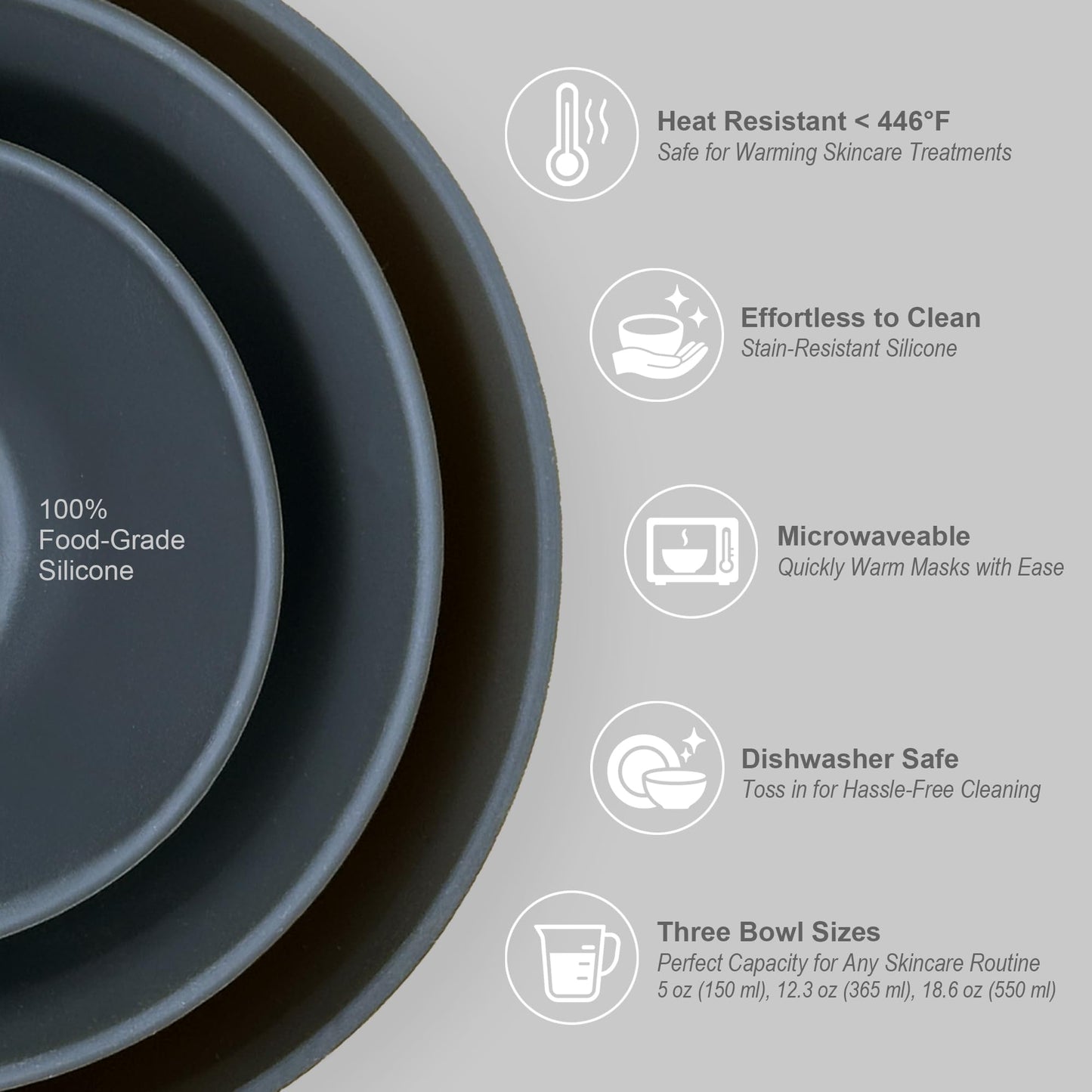 APPEARUS Facial Mask Silicone Mixing Bowl Set – 6-Piece Spa Skincare Kit with 3 Mixing Bowls, Brush & Spatulas – Reusable, Microwave & Dishwasher Safe – Dark Gray