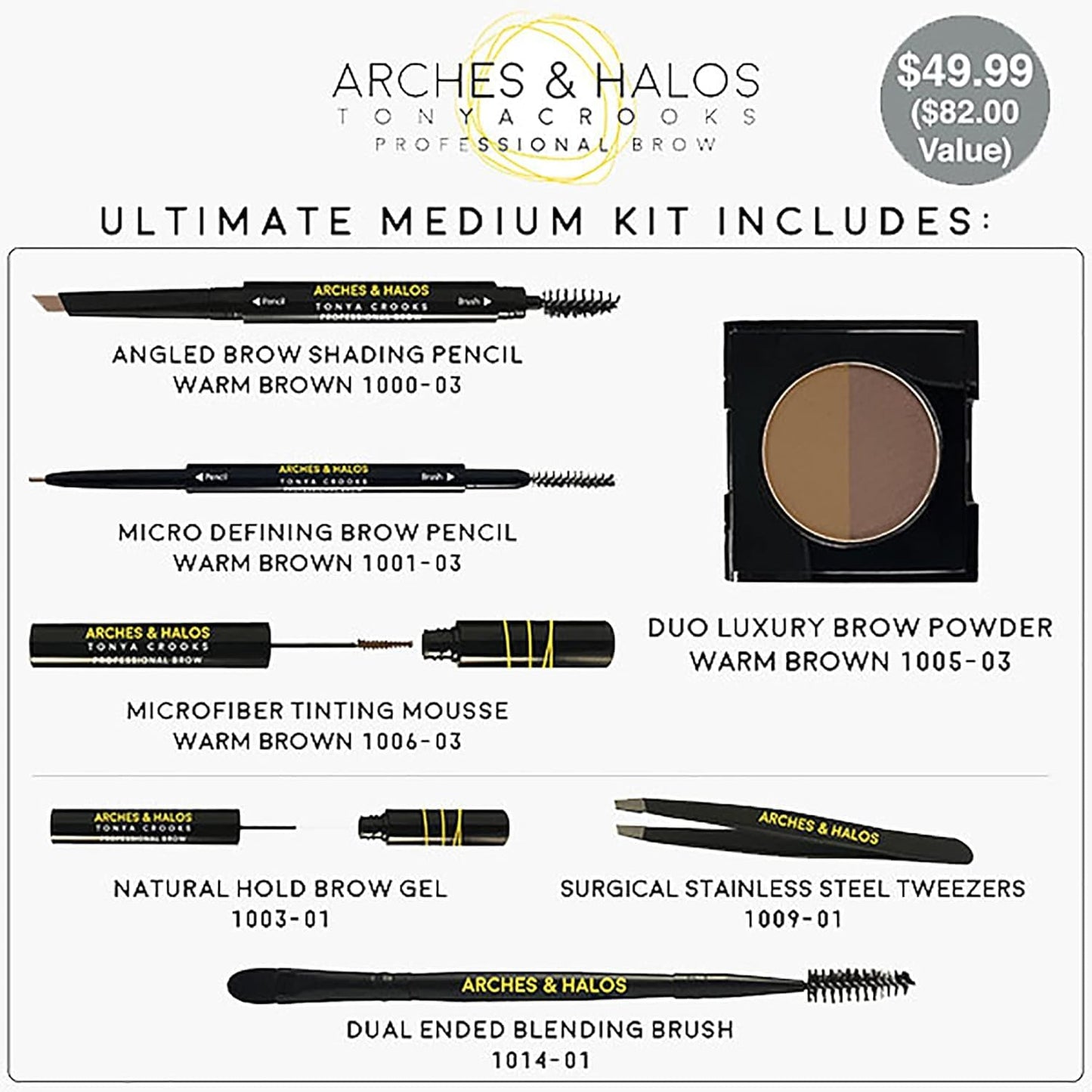Arches & Halos - Ultimate Brow Hero Kit - Eyebrow Styling Makeup Kit, Pencil, Gel, Shading, Powder, Mousse, Natural and Bold Precise Brow Shaper - Hypoallergenic, Vegan - 7 Pc Kit, Medium