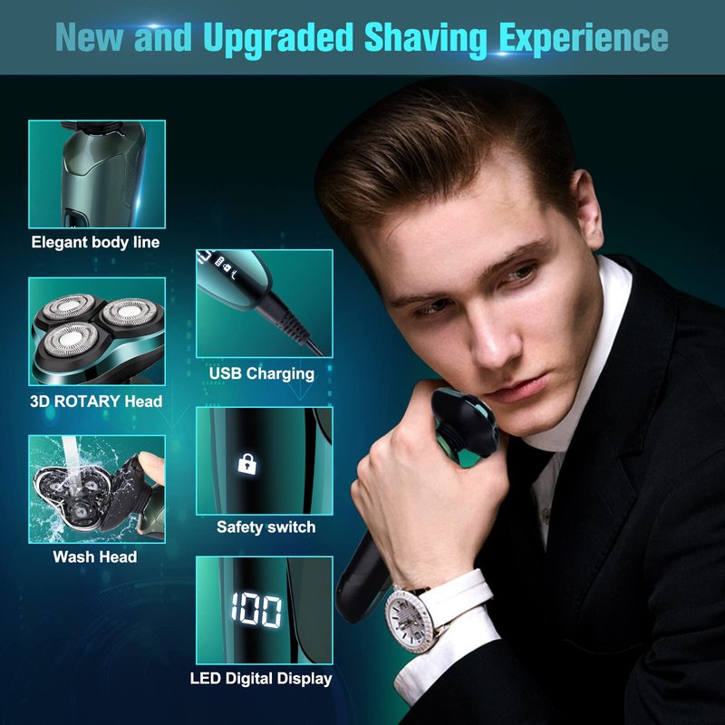 Electric Razor for Men, Electric Shavers for Men's Faces, Detachable Blade 3D Rotary for Shaving with Nose Trimmer Face Cleaning Brush Head Shavers, Wet/Dry/Waterproof Razors for Men Matte Green