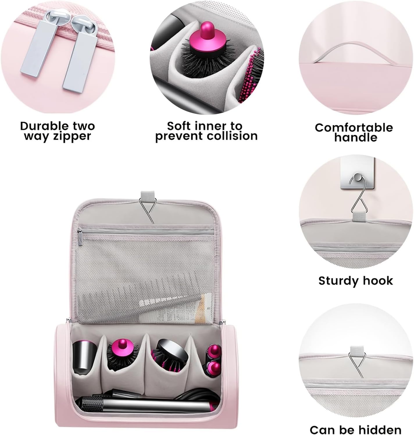 Dyson Airwrap Travel Case - Portable Storage Bag with Metal Hook | Fits All Models, Pink