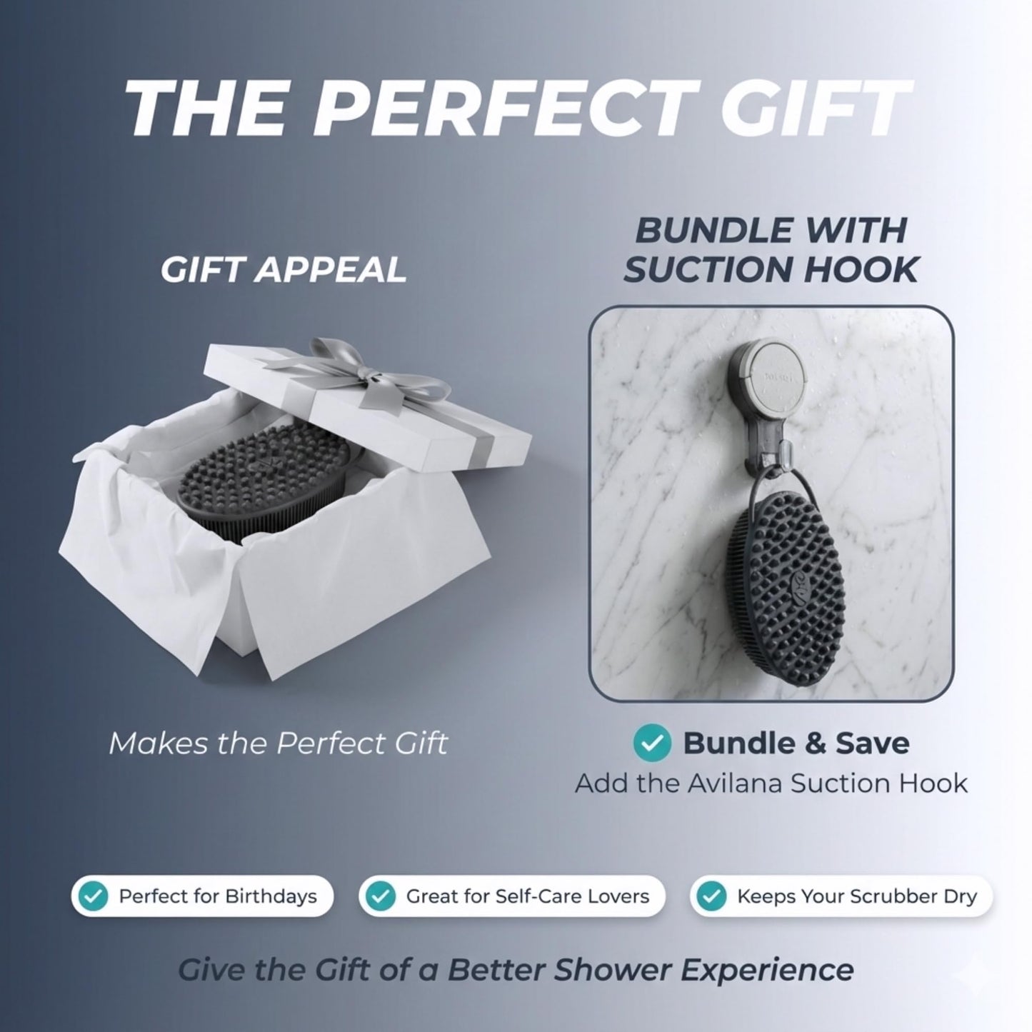 Avilana Silver Edition Body Scrubber and Face Brush Set - Silver-Ion Infused Silicone 2-in-1 Kit, ISO Tested Both Pieces, Stays Fresher Longer Gentle Exfoliating Sensitive Skin Women Men Gift Skincare