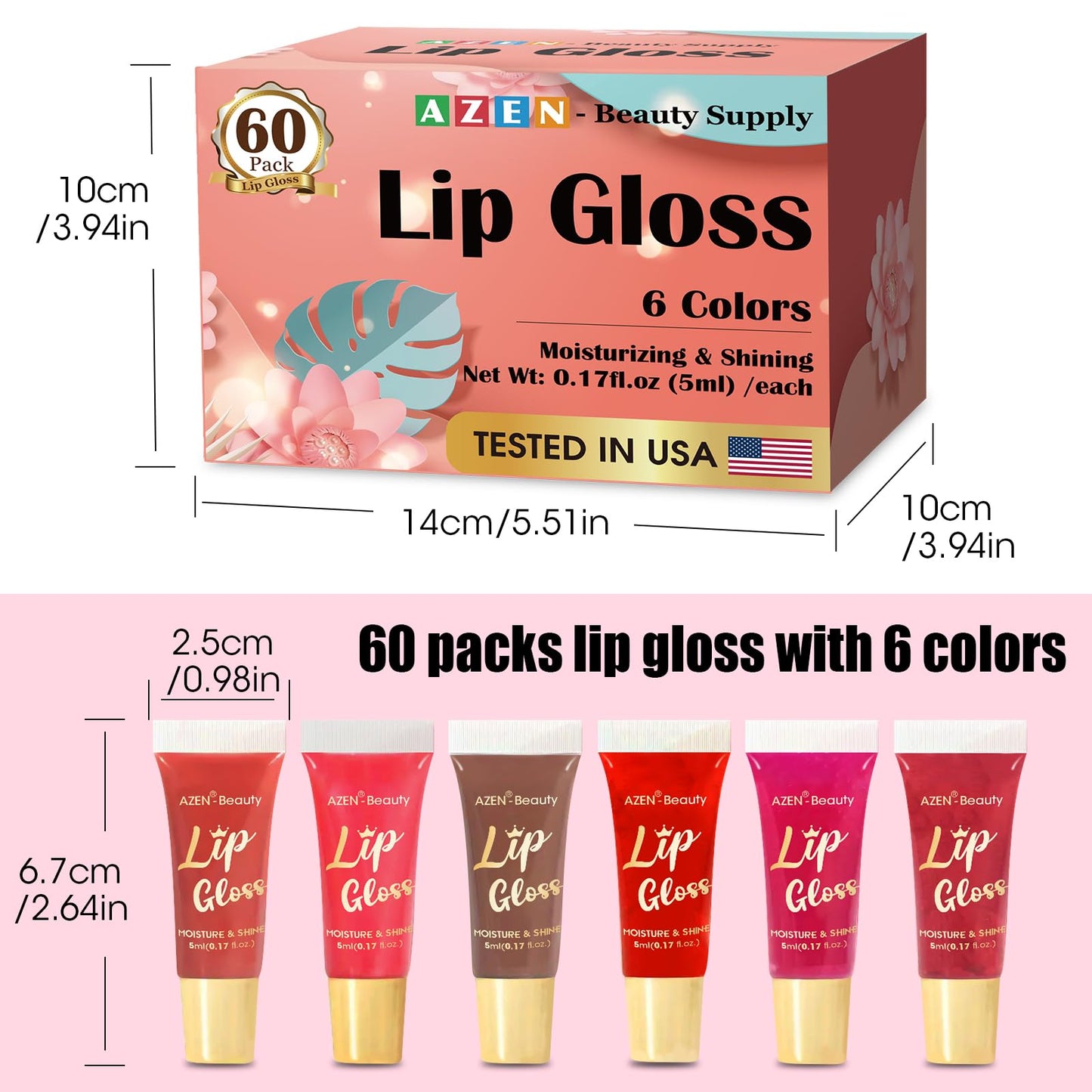 AZEN 60 Pack Lip Gloss Set, Color Lip Oil for Dry Cracked Lips Moisturizing Hydrating Nourishing with Vitamin E, Mothers Day Gifts for Women
