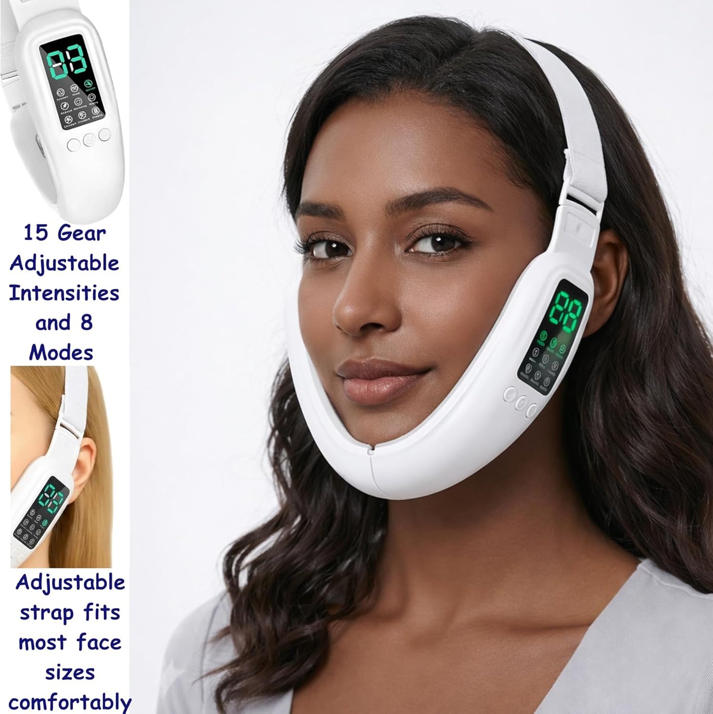 V-Face Machine | Electric Double Chin Device with 15 Intensities & 8 Modes - Includes Free 3D Face Roller for Skin Care
