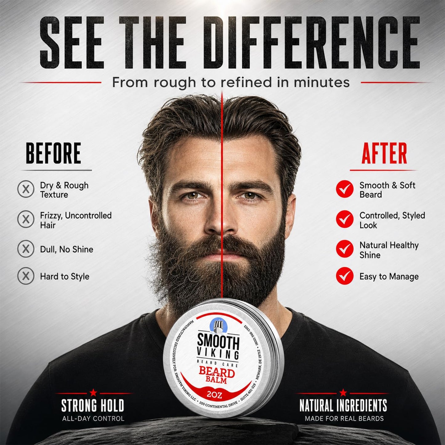 Smooth Viking Beard Styling Balm for Men - Strong Hold Formula with Essential Oils & Beeswax for Healthy Beard & Mustache Growth, 2oz