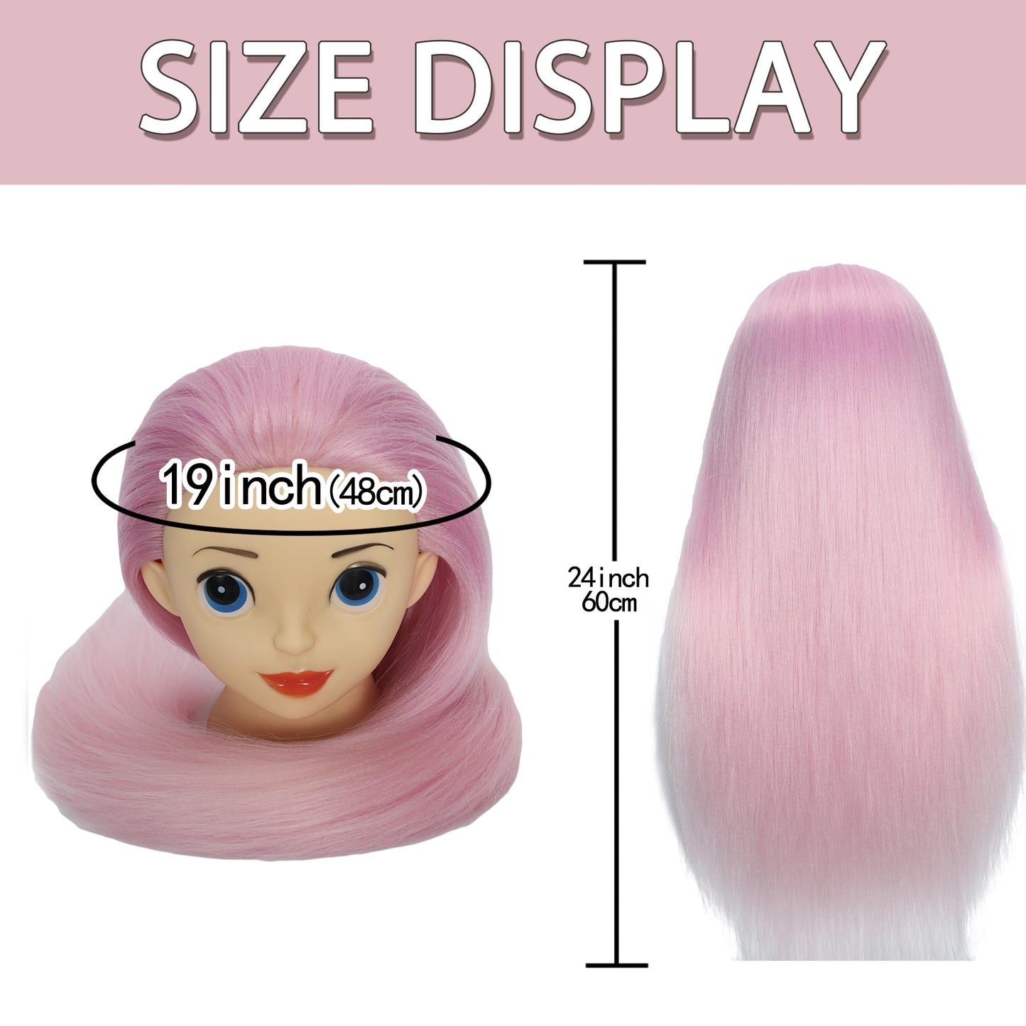 TKIMHEQ Mannequin Head with Hair 24'' Doll Head for Hair Styling Training Head Manikin Practice Cosmetology Doll Head Styling Hairdressing Training Braiding Heads with Clamp Holder (Ombre Pink)