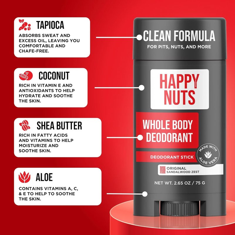Happy Nuts Whole Body Deodorant for Men - Powerful Odor Control for Pits & Groin | 2.65 oz Original Formula