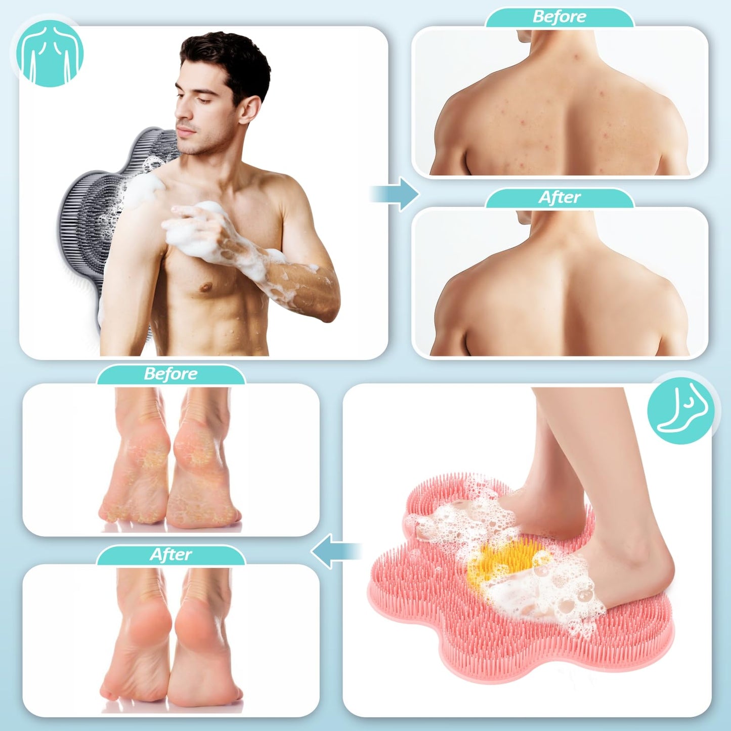 GEENOA Upgrade Silicone Shower Foot Scrubber Mat & Silicone Bath Brush Set, Large Wall-Mounted Back Scrubber Back Washer to Clean, Exfoliate and Massage Without Bending(Gray+Soft Brush)