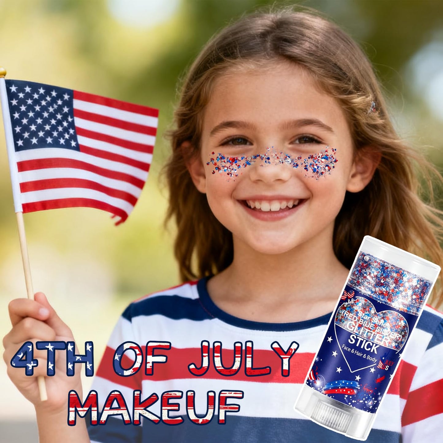 Patriotic Body Glitter Stick, Waterproof Face Glitter Gel, Chunky Glitter Face Paint, 4th of July Red White Blue Sequin Hair Glitter Makeup for American Pride USA Flag Makeup for Independence Day