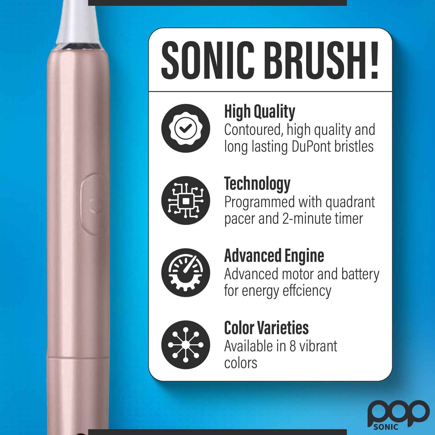 Pop Sonic Electric Toothbrush – Electric Toothbrush for Adults – Bathroom Essentials & Travel Essentials – Dupont Nylon Bristles –18000-24000 Strokes/Min w/AAA Battery – 2 Speed – Go Plus (Rose Gold)