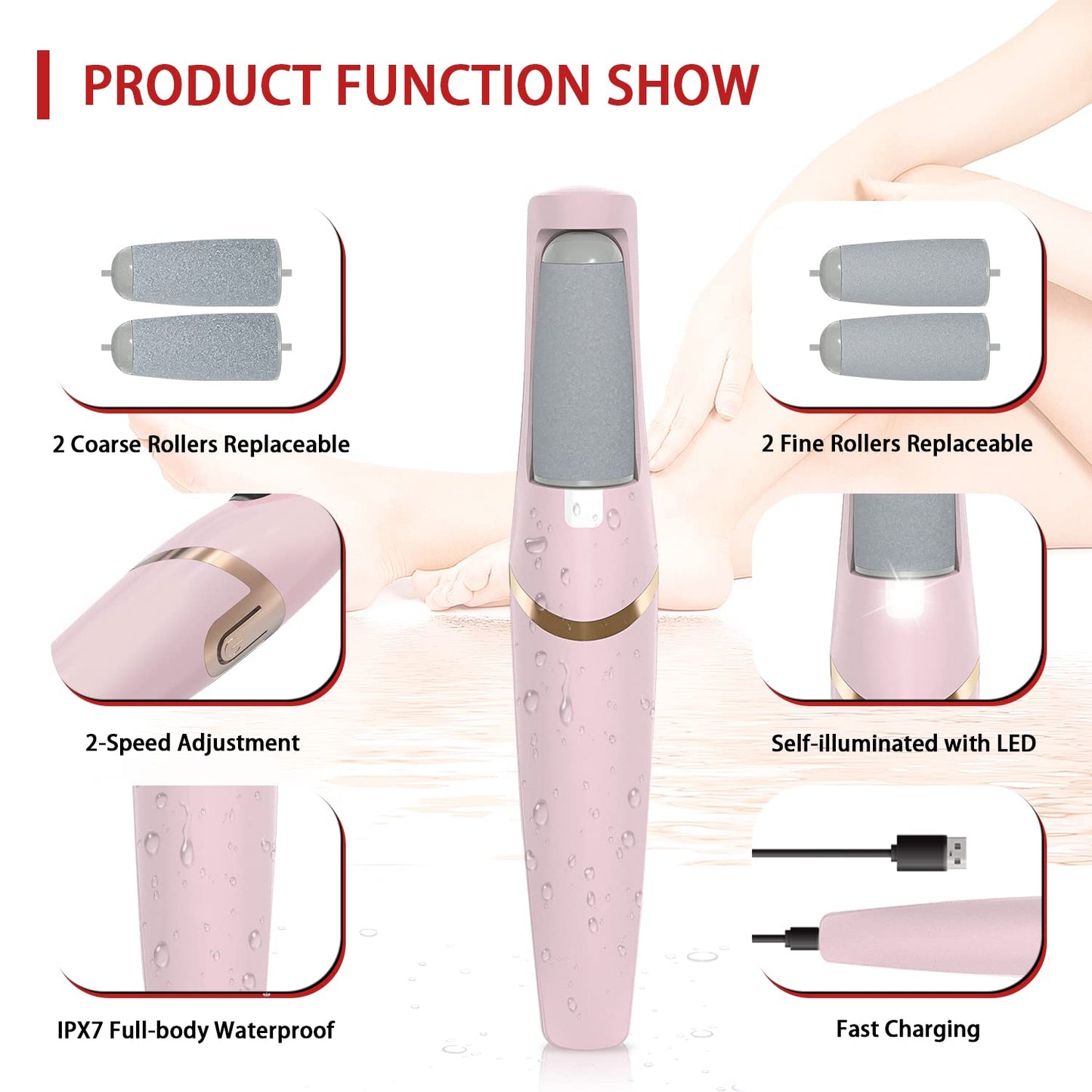 Electric Foot Callus Remover, Foot File, Rechargeable Foot File Set with 4 Different Roller Heads, Professional Pedicure Tools to Remove Cracked Heels and Dead Skin, for Feet Hands Spa