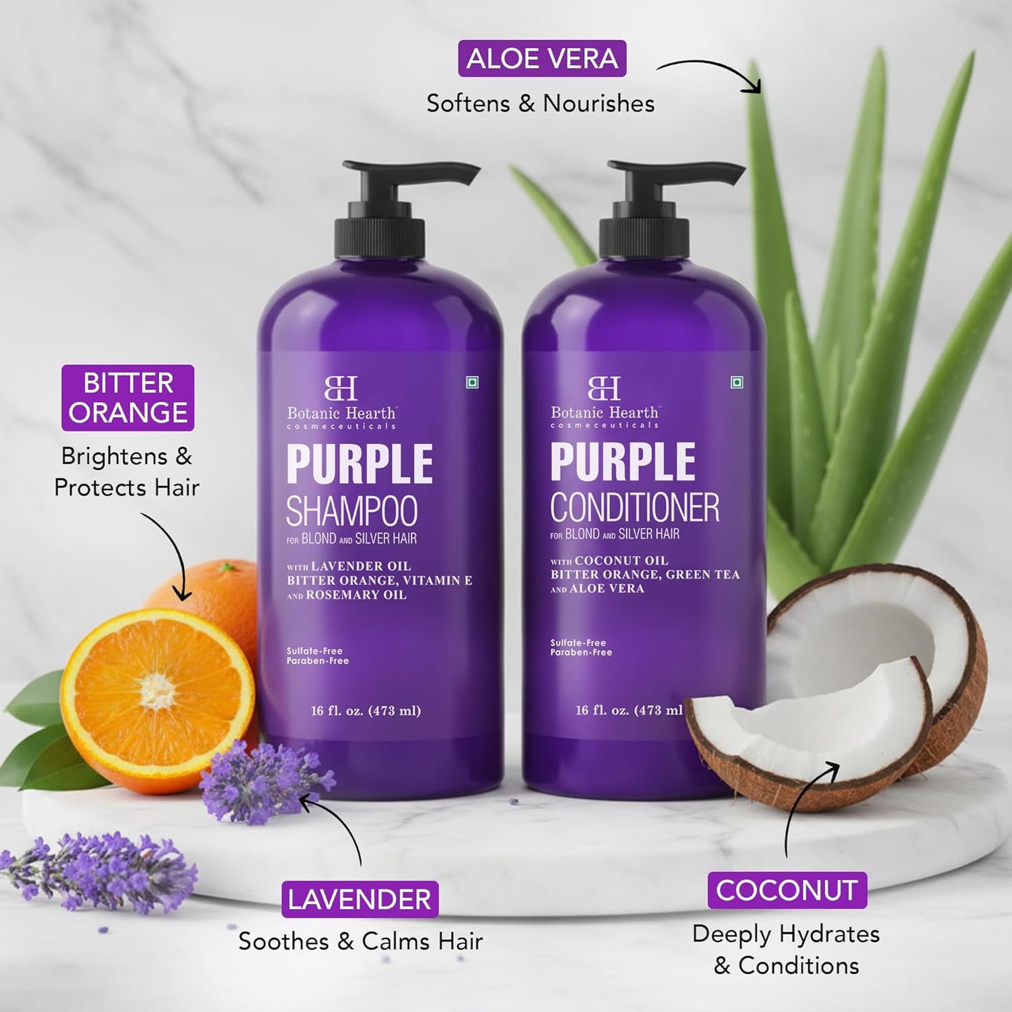 Botanic Hearth Purple Shampoo & Conditioner Set - Enhances Blonde, Silver & Gray Hair | Sulfate & Paraben Free, 16 Fl Oz Each