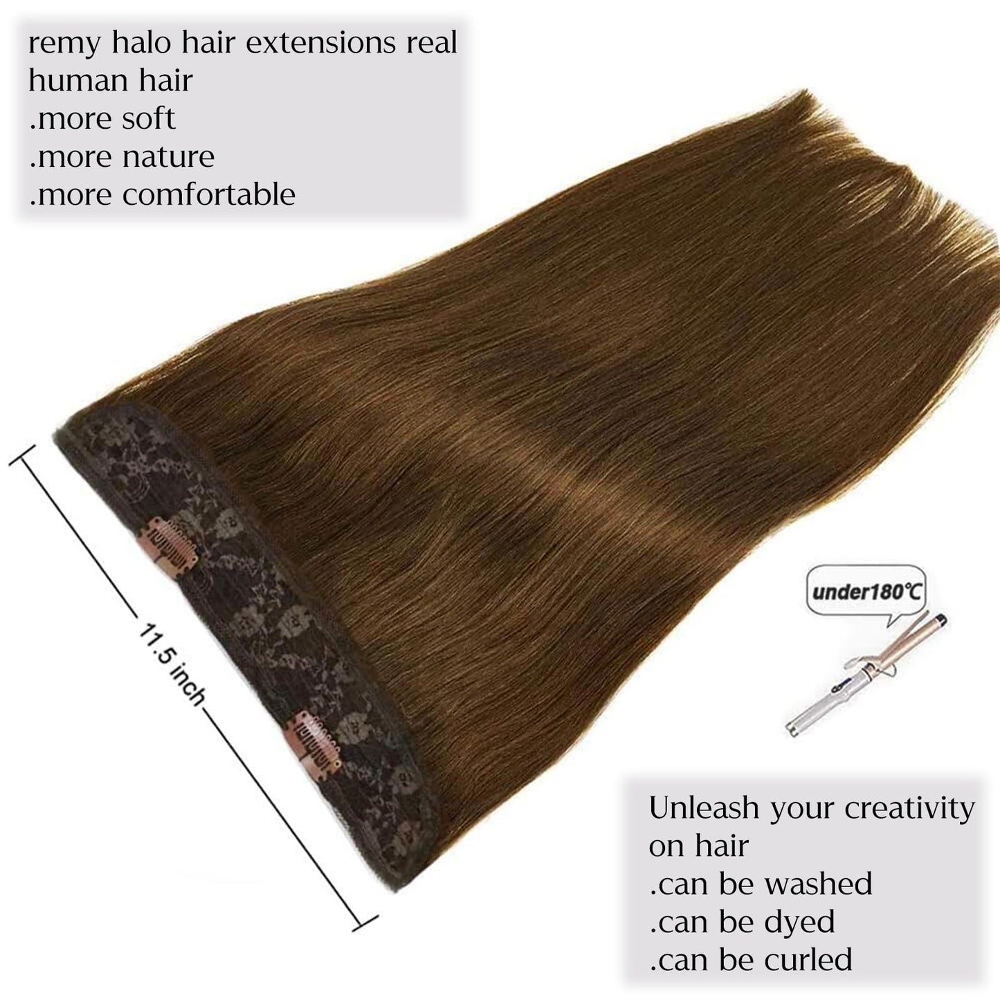 Real Human Hair Extensions - 12 Inch Chocolate Brown Straight Hair with Hidden Wire and Transparent Fish Line