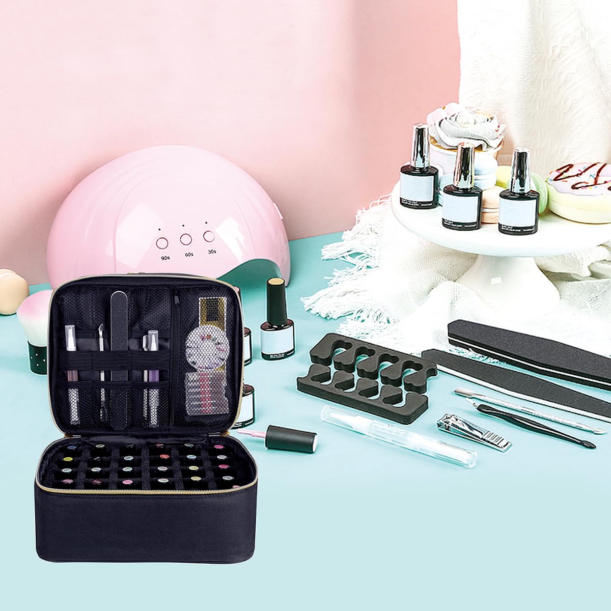 UOZL Nail Polish Organizer, Handheld Double Layer Organizer Holds 30 Bottles (15 ml/0.5 floz) with Adjustable Dividers for Nail Polish Small Manicure Lamp Manicure Tools Essential and Travel,Black