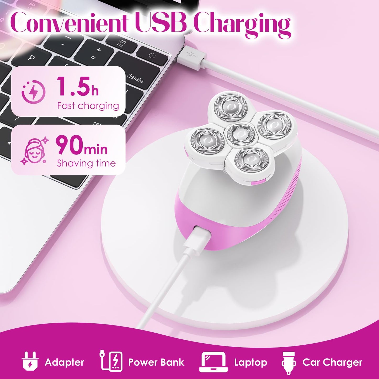 Electric Razors for Women,Rechargeable Body Shaver, Wet and Dry Use, Cordless Electric Razor Hair Remover Anti-Slip Lady Trimmer for Women's Leg, Hand, Bikini and Face Sensitive Skin (5 Head-Rose)