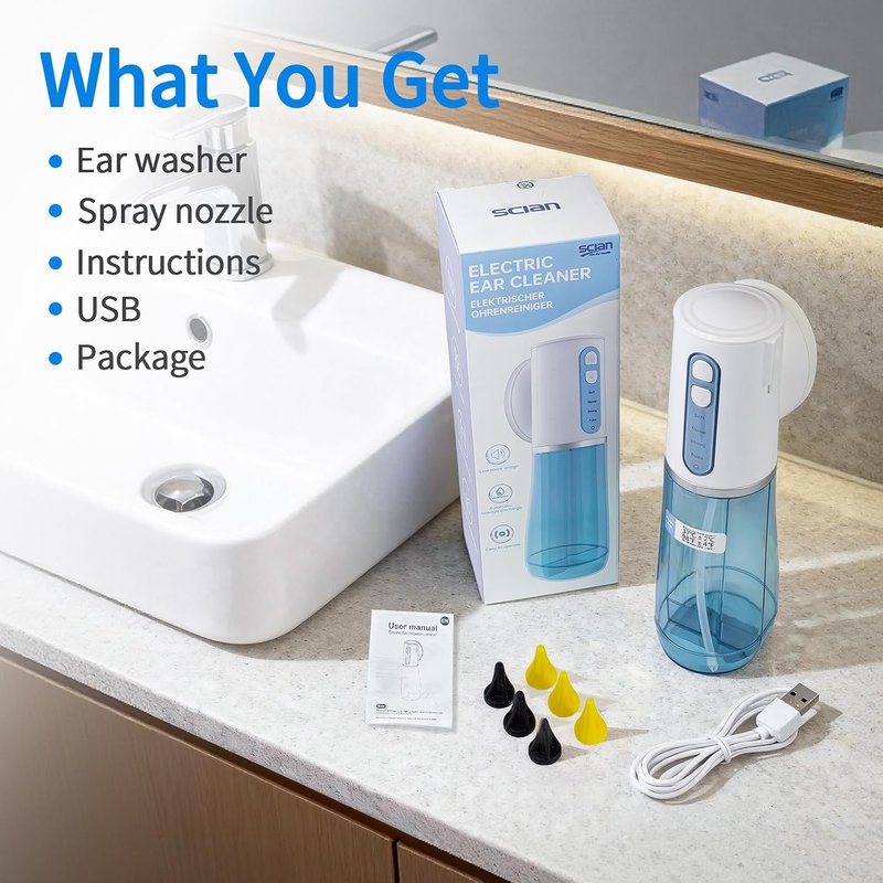 Electric Ear Wax Removal System - Water Powered Ear Cleaner Tool with 4 Pressure Settings | USB Rechargeable, IPX7, Blue