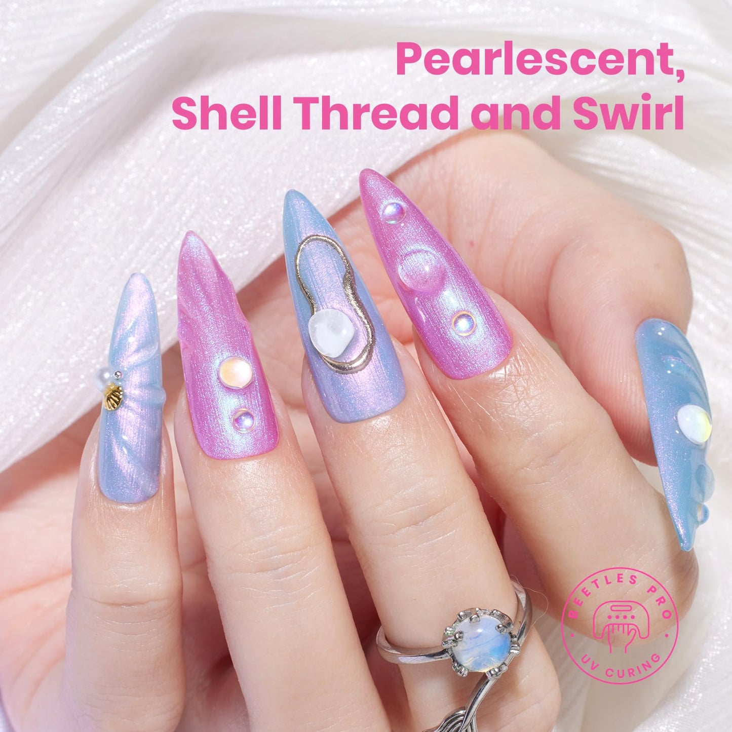 beetles Pearl Gel Polish Set - Ocean Whisper Collection, 15ML Full Size Shimmer White Pink Purple Mermaid Nail Swirl Shell Thread Polish Soak Off Uv Gel Polish Effect DIY Manicure Gift for Women