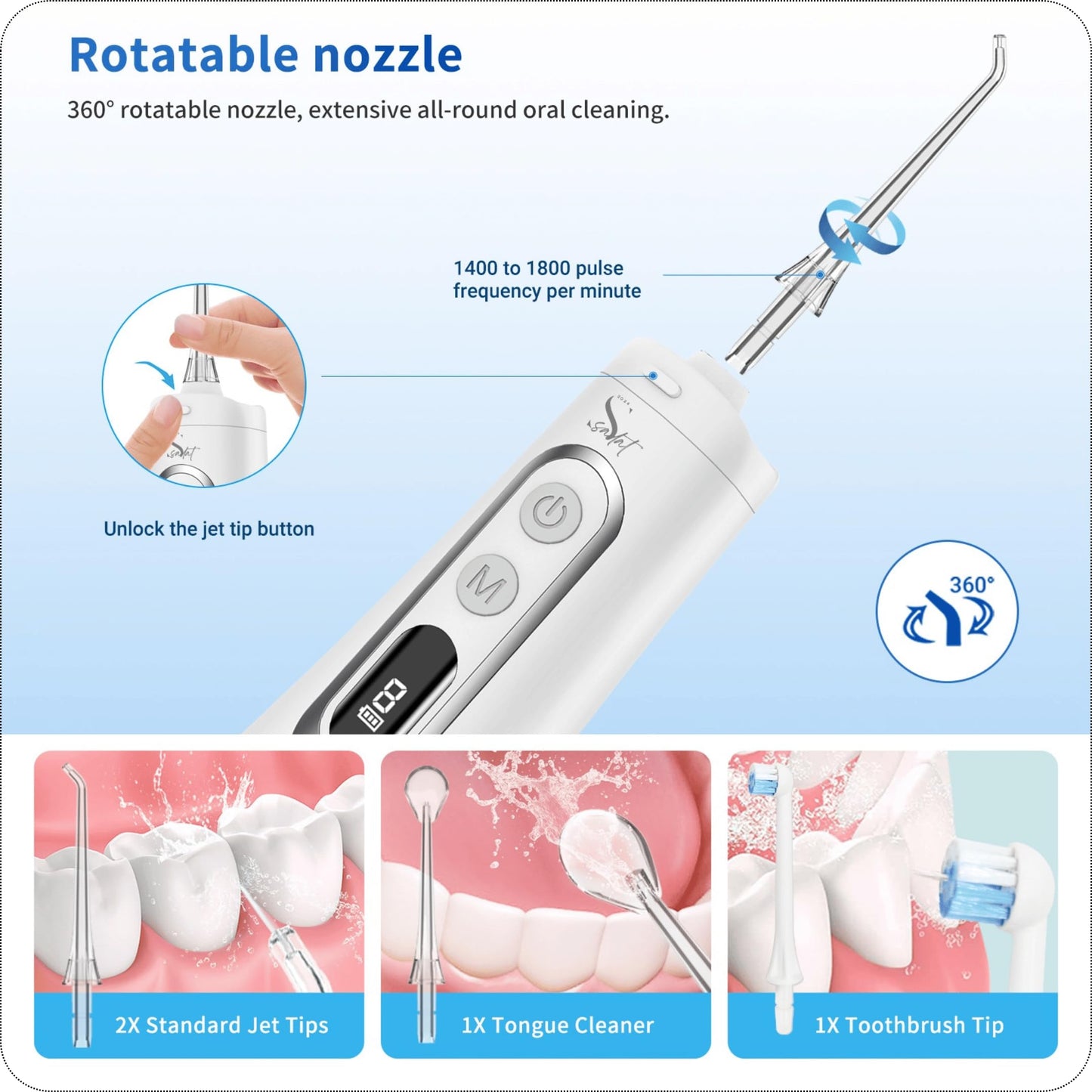Sadat Cordless Water Dental Flosser – 9 Modes, LED Screen, 300ML Portable Oral Irrigator, Rechargeable & IPX7 Waterproof, Teeth Cleaning Picks for Home & Travel White