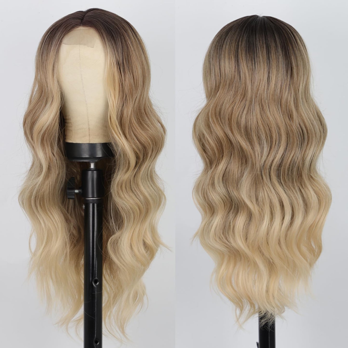 AISI QUEENS Long Blonde Wigs for Women, Ombre Blonde Wavy Synthetic Curly Hair Wigs Natural Looking Middle Part Heat Resistant Fibre for Daily Party Use 24 Inch