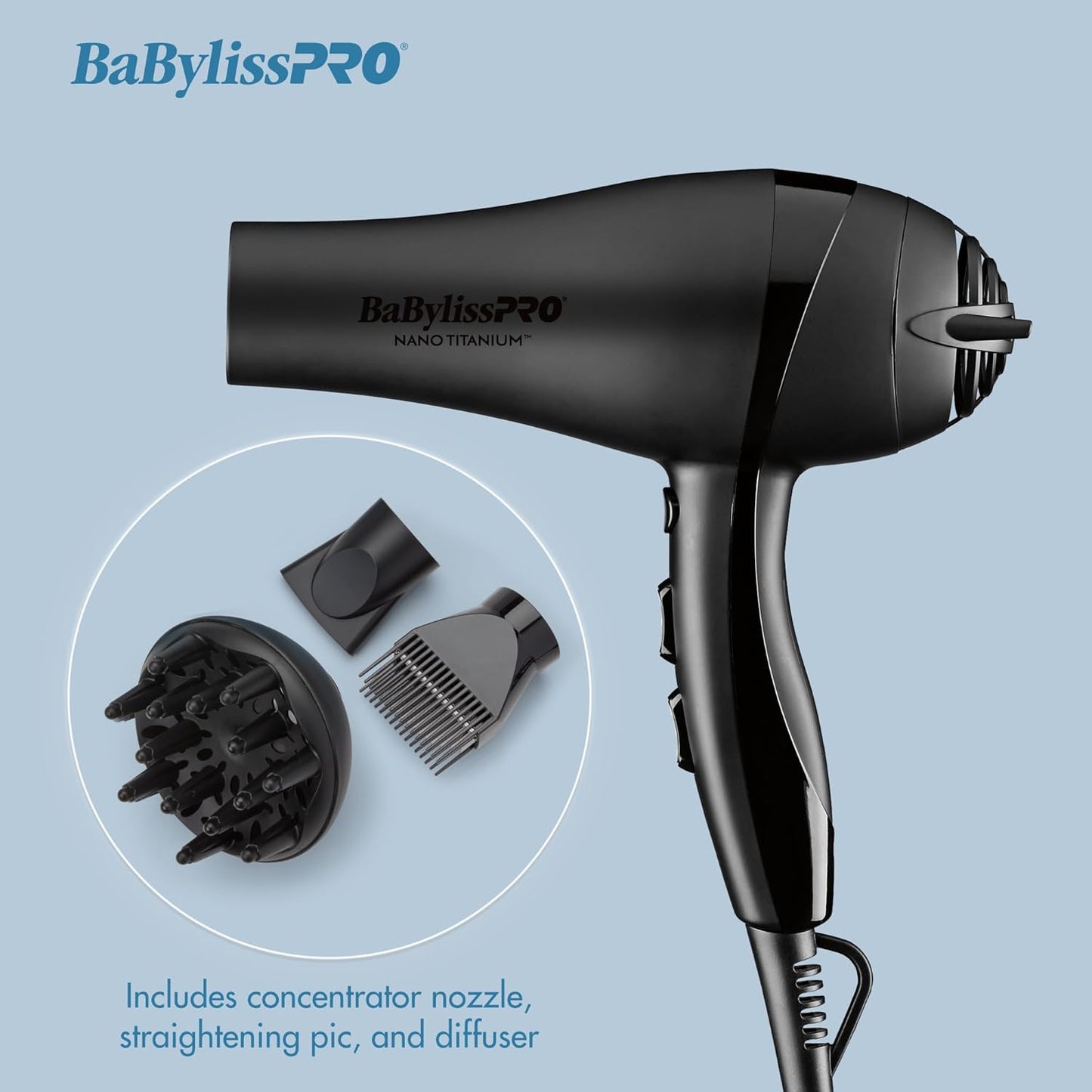 BaBylissPRO Nano Titanium Blow Dryer - 2000-Watt Ionic Styling Tool with Concentrator Nozzle