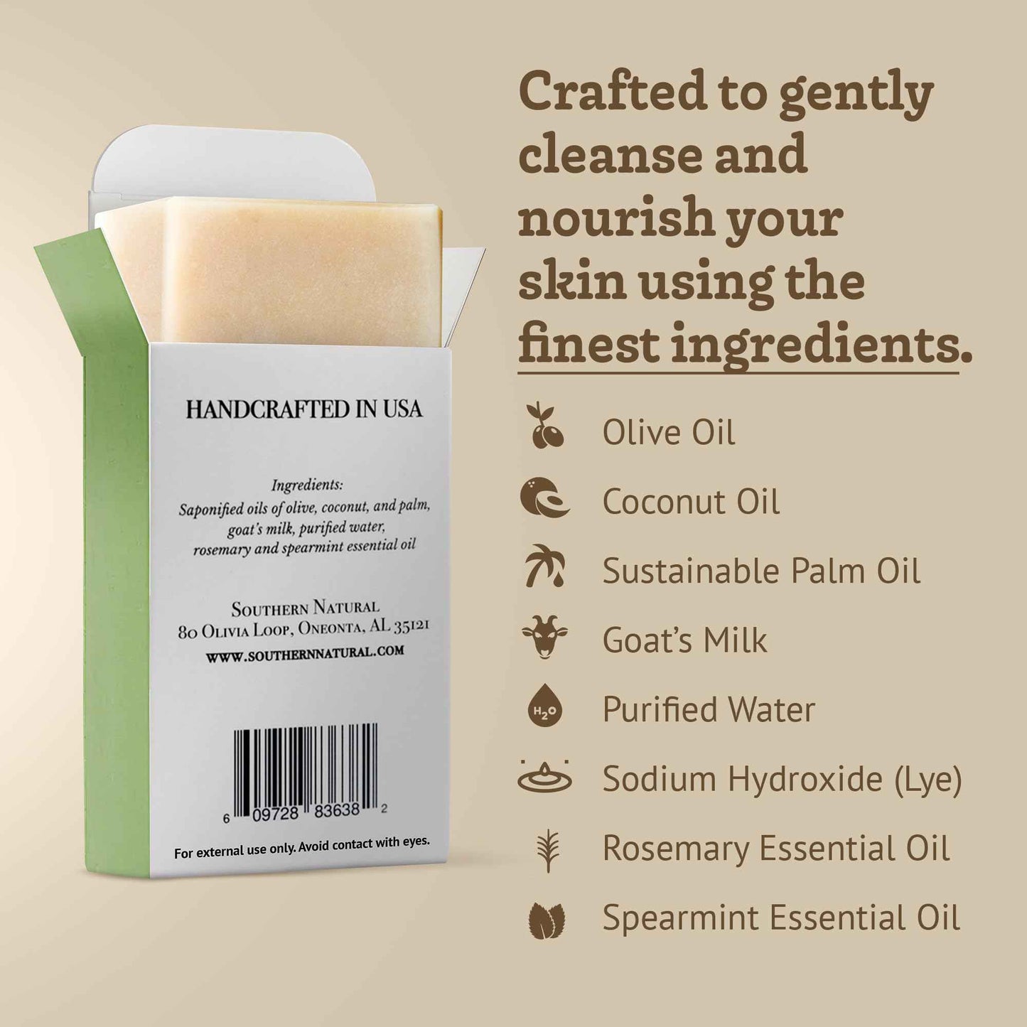 Southern Natural Handmade Goat Milk Soap Bar - Nourishing Cleanser for Dry and Sensitive Skin, Homemade Face & Body Wash with Rosemary Mint, Spearmint Essential Oil, 2-Pack (4-4.5 oz)