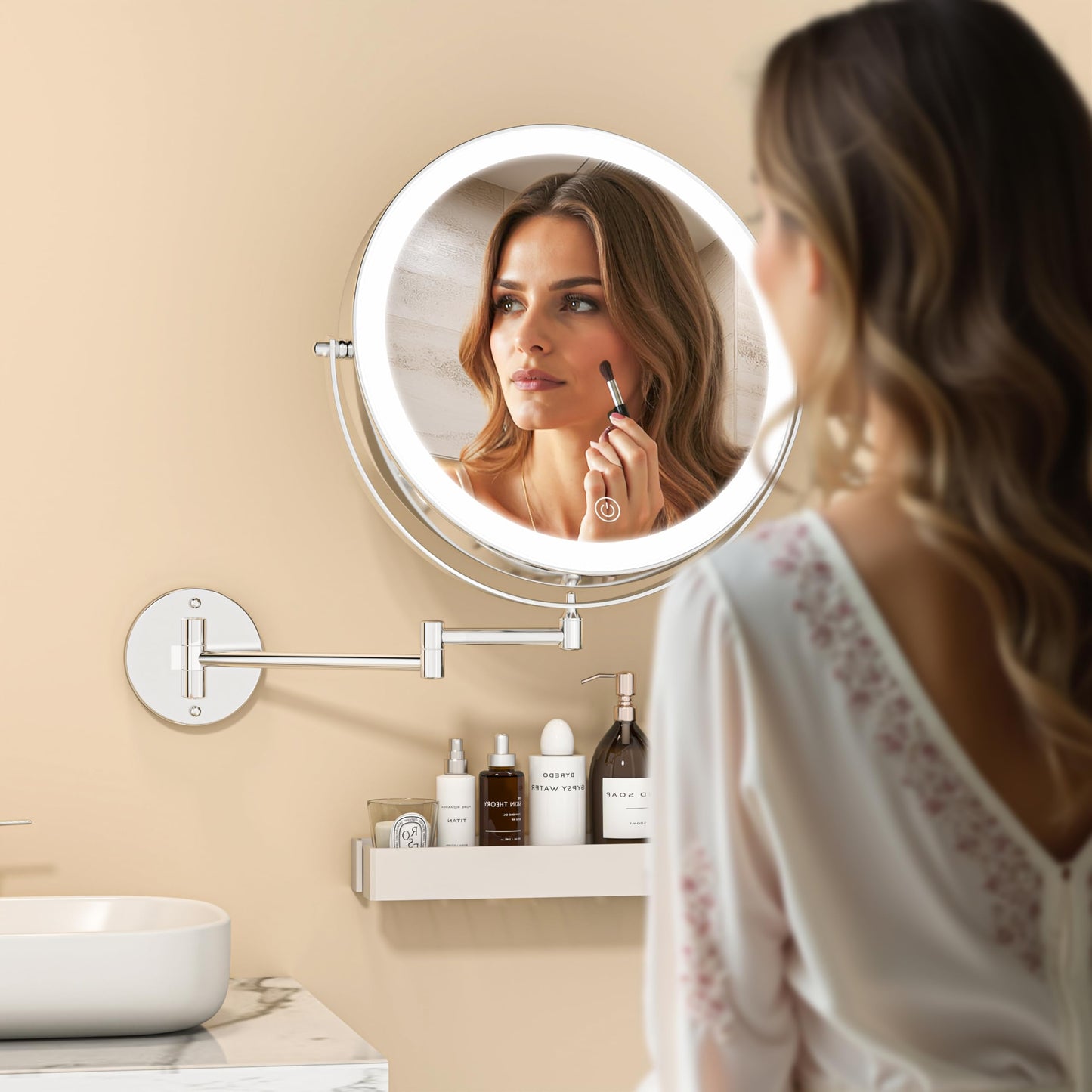 BATUSO 8.5 Inch Wall Mounted Lighted Makeup Mirror, 1X/10X Magnifying Mirror with 19.7 Inch Extended Arm, 3 Color Lights Touch Dimmable, 360 Rotation, 2000mAh Rechargeable Bathroom Vanity Mirror Round