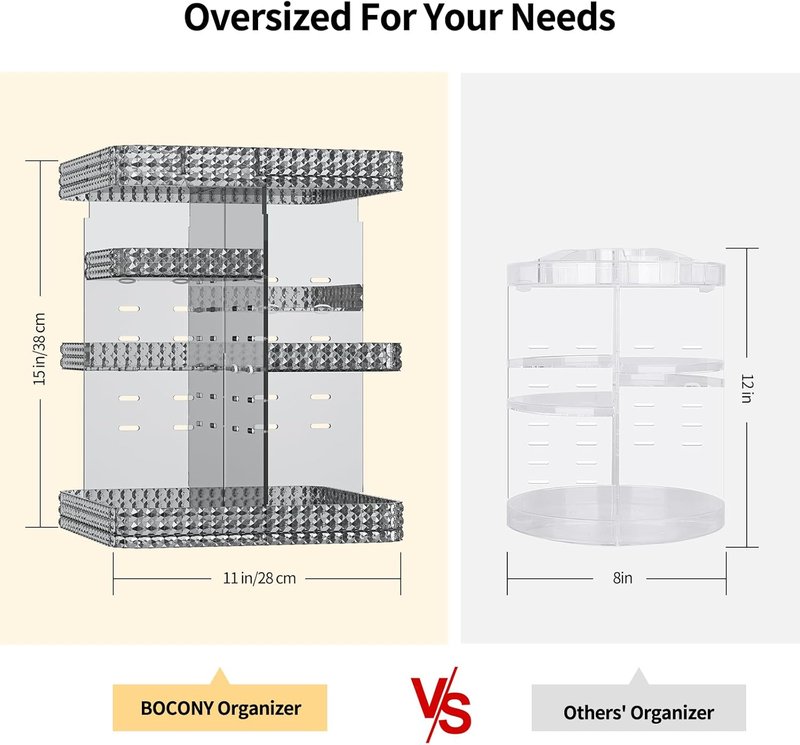 Large Capacity Rotating Makeup Organizer - Acrylic Cosmetic Display Case with Brush Holder | Grey